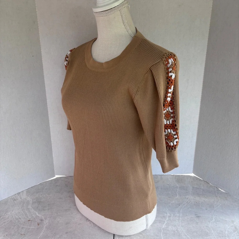 Nanette Nanette Lepore  Large New Ribbed Knit Crochet‎ Sleeve Top Shirt Women's - Picture 2 of 11